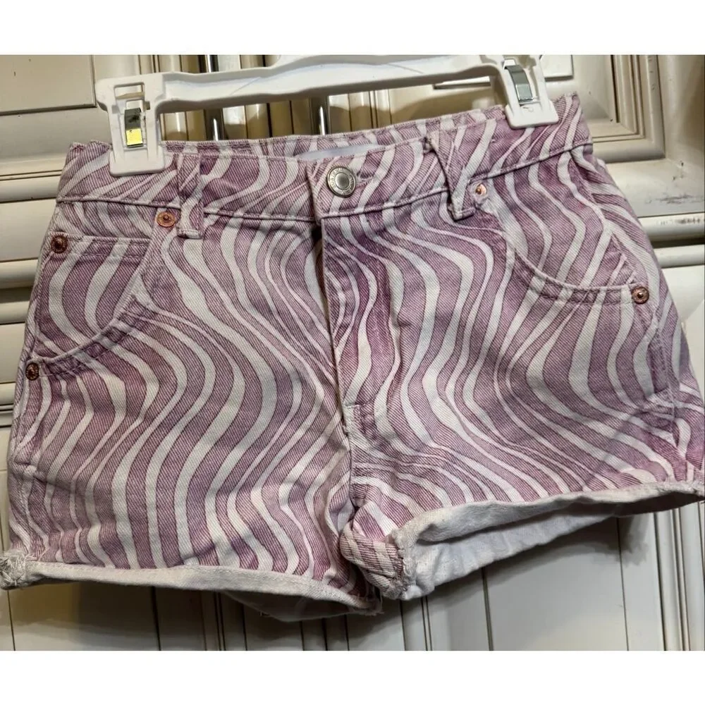 Zara Girls Wave Print Frayed Hem Cotton Denim Cut Off Shorts Pink White Size 8